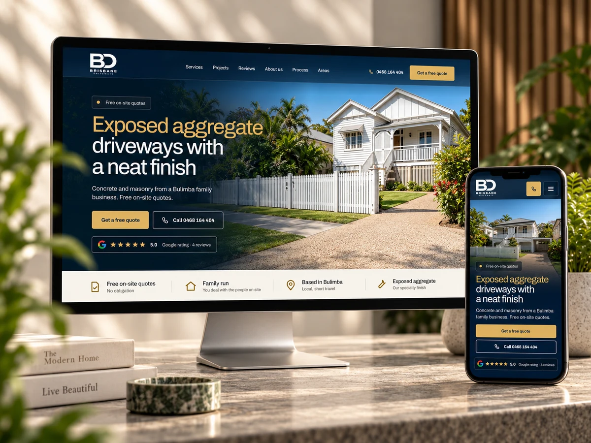 Brisbane Driveways website shown on a desktop screen and a phone
