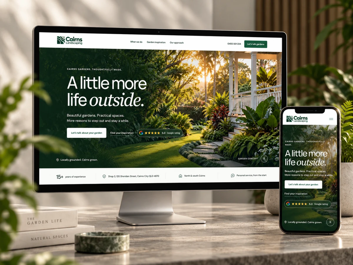 Cairns Landscaping website shown on a desktop screen and a phone