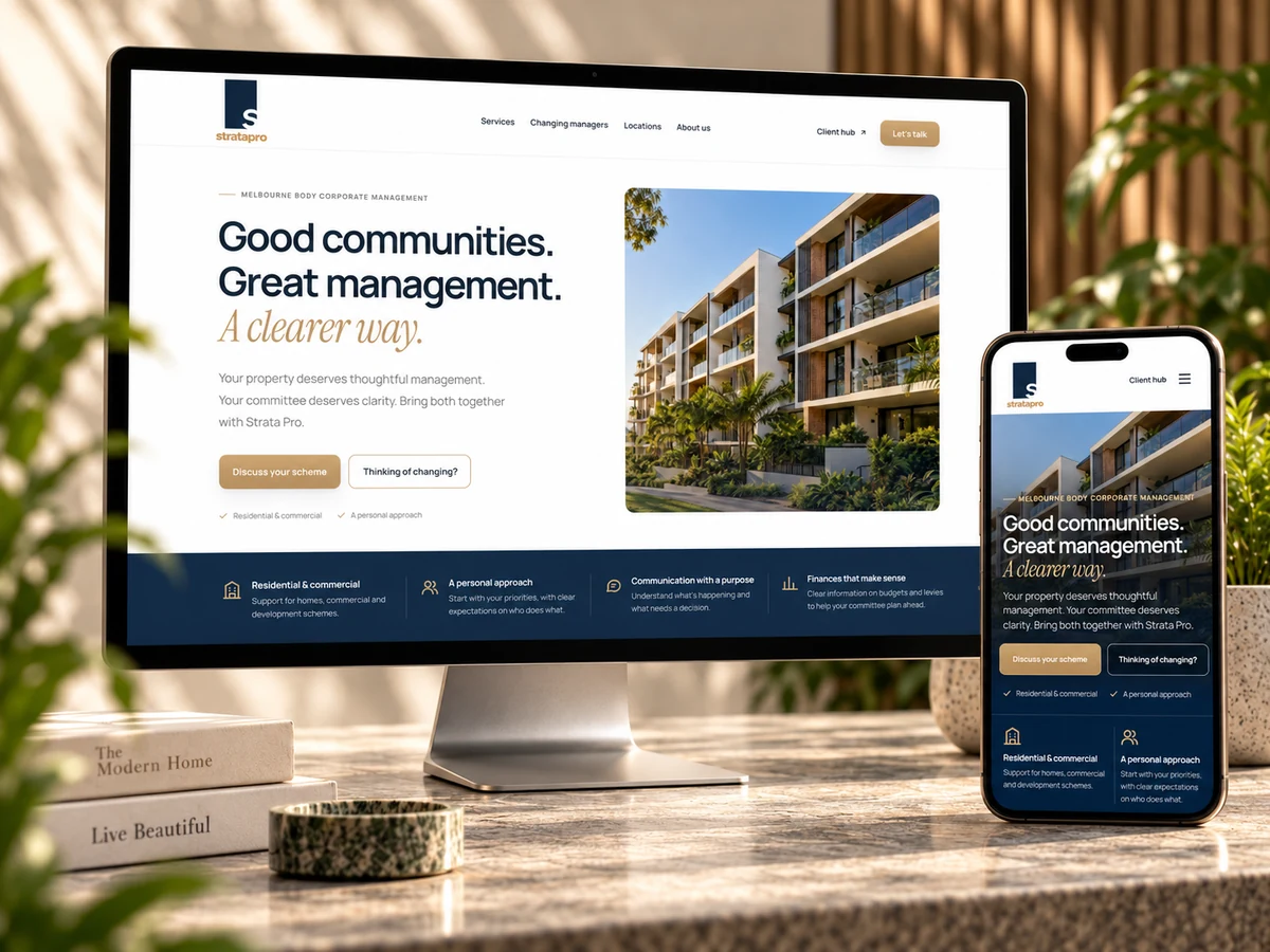 Strata Pro website shown on a desktop screen and a phone